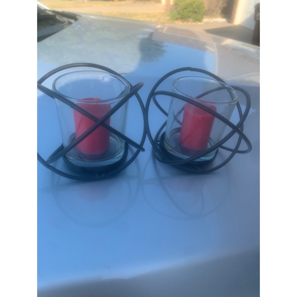 Modern Black Metal Orbital Wire Candle Holders with Glass Votive Cups Set of 2